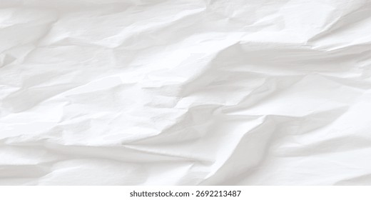 Abstract white crumpled paper texture background with sharp creases, shadows, and copy space, a blank canvas for design.