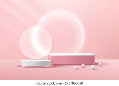 Abstract white cylinder pedestal podium, Light pink empty room with transparent glass ring, Pink and white sphere. Vector rendering 3d shape, Product display presentation. Pastel room minimal scene.