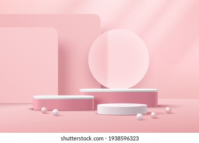 Abstract white cylinder pedestal podium, Light pink empty room with transparent glass ring, Pink and white sphere. Vector rendering 3d shape, Product display presentation. Pastel room minimal scene.