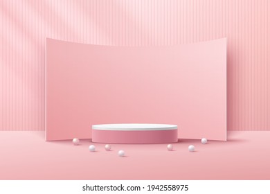 Abstract white cylinder pedestal podium, Light pink empty room, Vertical stripes pattern, Curve backdrop. Vector rendering 3d shape, Product display presentation. Pastel room minimal wall scene.