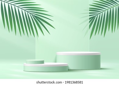 Abstract white cylinder pedestal podium, Light green empty platform with green palm leaf, geometric backdrop. Vector rendering 3d shape, Product display presentation. Pastel room minimal wall scene.