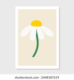 Abstract white daisy chamomile flower. Flowers, leaves, plants. Childish simple style. Hand drawn poster picture. Modern floral elements. Flat design. White background. Vector illustration