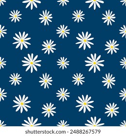 Abstract White Daisy Flower On Blue Background Vector Design Floral Border Frame.