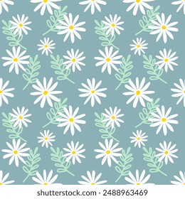 Flor Abstractas De La Margarita Blanca Sobre El Fondo Azul Diseño De Vector Marco De Borde Floral. Patrón Sin Costura Para Tela, Paño, Papel, Fondo de pantalla, Envoltura.