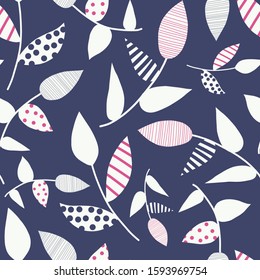 Abstract white doodle leaves on blue background. Minimalistic seamless vector nature pattern. Pink white blue leaf shapes illustration. Use for fabric, surface pattern design, wallpaper, wrapping