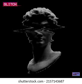 Abstract white dot halftone vector illustration of glitched classical head sculpture from 3D rendering and isolated on black background.