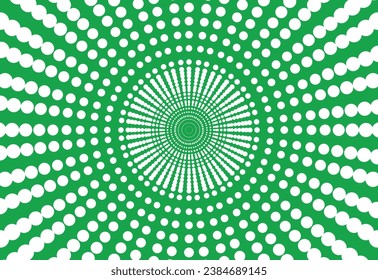 Abstrakte, weiße, punktförmige Spiralbewegung auf grünem Hintergrund, Vektorgrafik