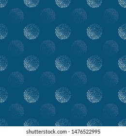 Abstract white dotted circles geometric design. Seamless vector pattern on blue background with transparent elements. Great for wellbeing, spa products, fashion, stationery, giftrwrap