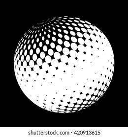 Abstract white dotted sphere. Science and tourism, technology or financial background. Halftone  logo template. White round icon on black background, abstract globe symbol, business concept