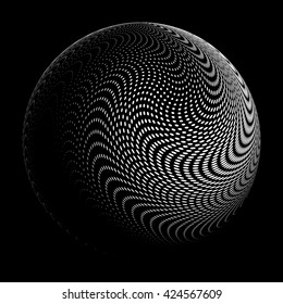 Abstract white dotted sphere. Science and tourism, technology or financial background. Halftone  logo template. White round icon on black background, abstract globe symbol, business concept