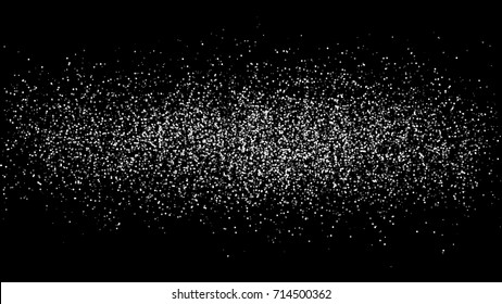 Abstract white dust of round shape is isolated on a black background. Spraying of fine particles. Horizontal position. White powder. Vector illustration