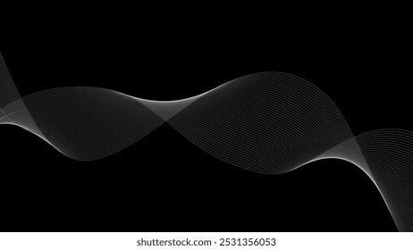 Linhas de ondas dinâmicas brancas abstratas com plano de fundo preto. Terno para websites, capas, banners, cartazes, brochuras, folhetos, papéis de parede, negócios, apresentações