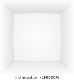 Abstract white empty room, niche with white wall, floor, ceiling, dark side without any textures, box top view colorless 3d illustration