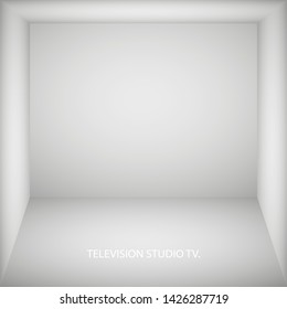 Abstract white empty room, niche with white wall, floor, ceiling, dark side without any textures, box top view colorless 3d illustration