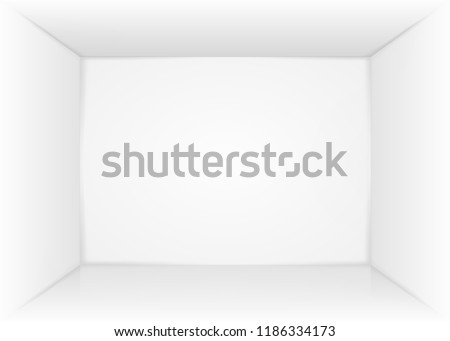 Abstract white empty room, niche with white wall, floor, ceiling, dark side without any textures, box top view colorless 3d illustration