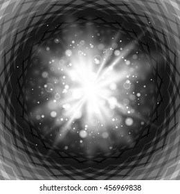 Abstract white explosion bokeh light rays and sparkles. Isolated on a black background. Optical illusion. Empty space for text. Detailed vector illustration. 
