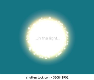 Abstract white explosion with spark on turquoise green background. Glow star sparkling light logo frame. Light vector concept. Flash flare sun core. Burning bright cloud