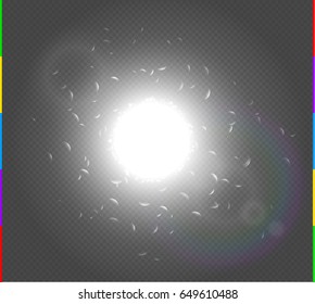 Abstract white explosion spark space modern design. Glow star burst light effect. Supernova vector concept on transparent background. Sunlight lens flare. Translucent sun rays and spotlight.