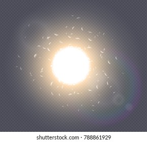 Abstract white explosion spark space modern design. Glow star burst light effect. Supernova vector concept on transparent background. Sunlight lens flare. Translucent sun rays and spotlight