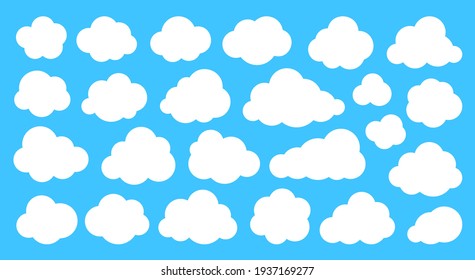 Abstract white flat clouds set isolated on blue sky background. Different shapes fluffy cloud icon symbol collection. Cute cartoon think speech bubble template. Network web banner concept clipart