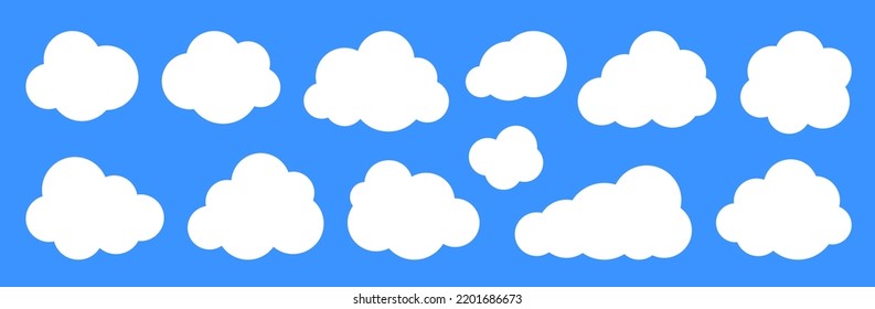 Abstract white flat clouds set isolated on blue sky background. Different shapes fluffy cloud icon symbol collection. Cute cartoon think speech bubble template. Network web banner concept clipart