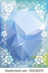 Abstract white floral border on a light blue polygonal background.