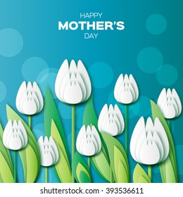 Abstract White Floral Greeting card - Happy Mothers Day - With Bunch of Spring Tulips. Paper cut flower holiday background. Applique Beautiful bouquet. Trendy Design Template. Vector illustration.