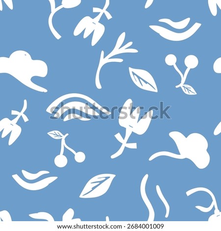 Abstract white floral and leaf silhouettes on denim blue, minimalist seamless pattern with berries and wavy accents for fabric, wrapping paper, wallpaper and modern home decor.