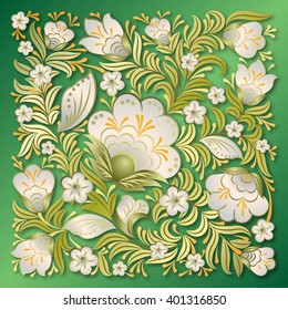 abstract white floral ornament on a green background