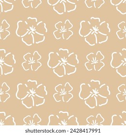 Abstract White Floral Outline Pattern on Beige Background