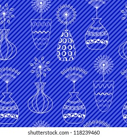 Abstract white flower and bowl blue seamless background. Vector graphic.
