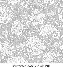 Abstract white flowers, boho style ornament, grey background. Seamless floral pattern-392.