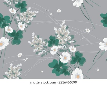 Abstract white flowers (chamomile, daisies, Cosmos), clover leaves and other decorative elements on a gray background. Seamless pattern for design of textile, fabrics, wallpaper, web sites.