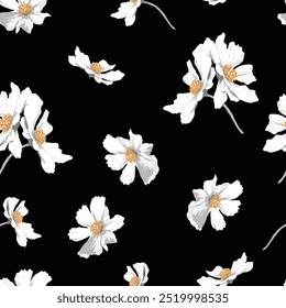 Abstract white flowers on black background tropical floral flowers illustration background seamless pattern repeat print textile fabric vector artwork