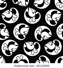 Abstract white flowers on a black background . Monochrome vector illustration