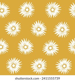 Resumen de flores blancas sin costura sobre fondo amarillo. Patrón de repetición de círculo geométrico en estilo minimalista. Tela, papel, ropa de primavera diseño de verano.