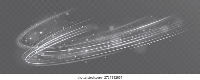 Abstractas ondas de luz fluidas blancas con partículas brillantes y elegante resplandor sobre fondo transparente.