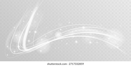 Abstractas ondas de luz fluidas blancas con partículas brillantes y elegante resplandor sobre fondo transparente.