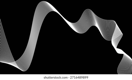Abstrato branco fluindo linhas de onda em fundo preto dinâmico curva de frequência de som moderno projeto de arte de linha mínima