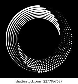 Resumen del marco blanco de líneas y puntos. Espiral circular vectorial para banners de diseño, afiches, proyectos empresariales, portadas, logotipos. Textura geométrica en blanco y negro con efecto de medio tono.