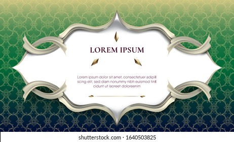 Abstract white frame plus white smooth rip curl edges on gradient green tradition Thai pattern background.