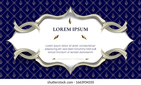 Abstract white frame plus white smooth rip curl edges on gradient blue traditional Thai pattern background. 