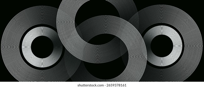 Abstract white geometric lines glowing on a black background. Modern glossy white circle line pattern. Futuristic technology concept.