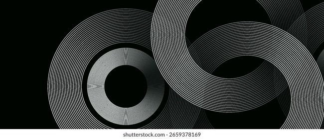Abstract white geometric lines glowing on a black background. Modern glossy white circle line pattern. Futuristic technology concept.