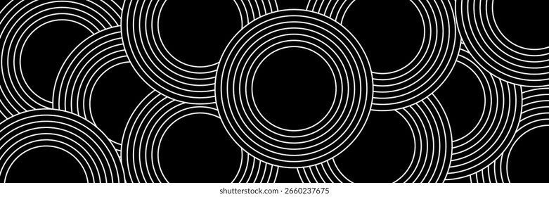 Abstract white geometric lines glowing on a black background. Modern sparkling white circle line pattern. Futuristic technology concept. Suitable for covers, posters, banners, brochures, headers, 