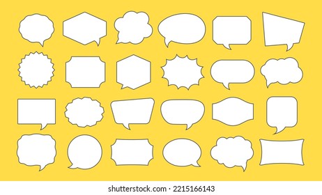 Abstract white geometric shapes with black border. Empty frame templates set, speech bubbles, badges, price tags, sticker, think cloud