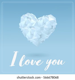 Abstract white geometric shapes combine to heart symbol shape on blue background for valentine greeting