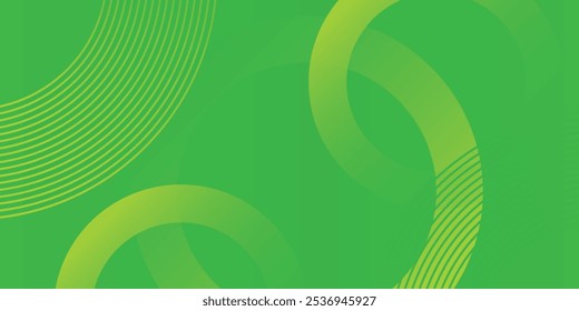 Abstrakte, weiß leuchtende geometrische Linien auf grünem Hintergrund. Modernes glänzendes gelbes Kreislinienmuster. Futuristisches Technologiekonzept. Vektorgrafik