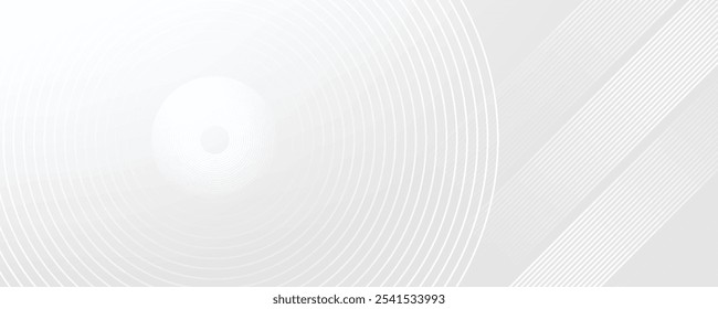 Abstrakte, weiß leuchtende geometrische Linien auf grauem Hintergrund. Moderne glänzende blaue Kreislinien Muster. Futuristisches Technologiekonzept.
