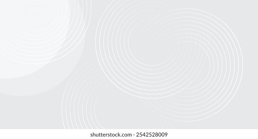 Linhas geométricas brilhantes em branco abstrato sobre fundo cinza. Padrão moderno de linhas de círculo azul brilhante. Conceito de tecnologia futurista. Terno para capa, cartaz